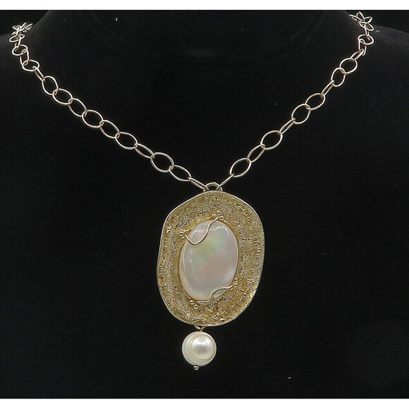 925 Sterling Silver Vintage Pearl & Mother Of Pearl Chain Necklace NE1794